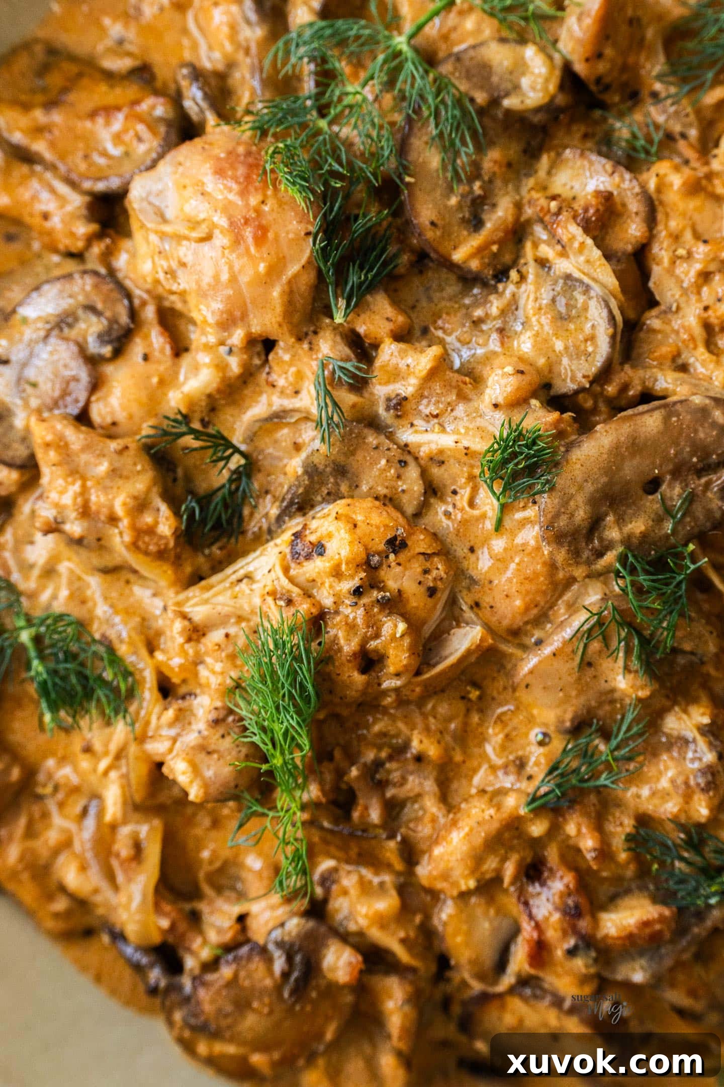Extreme closeup of chicken stroganoff, showcasing its creamy texture and tender chicken pieces.