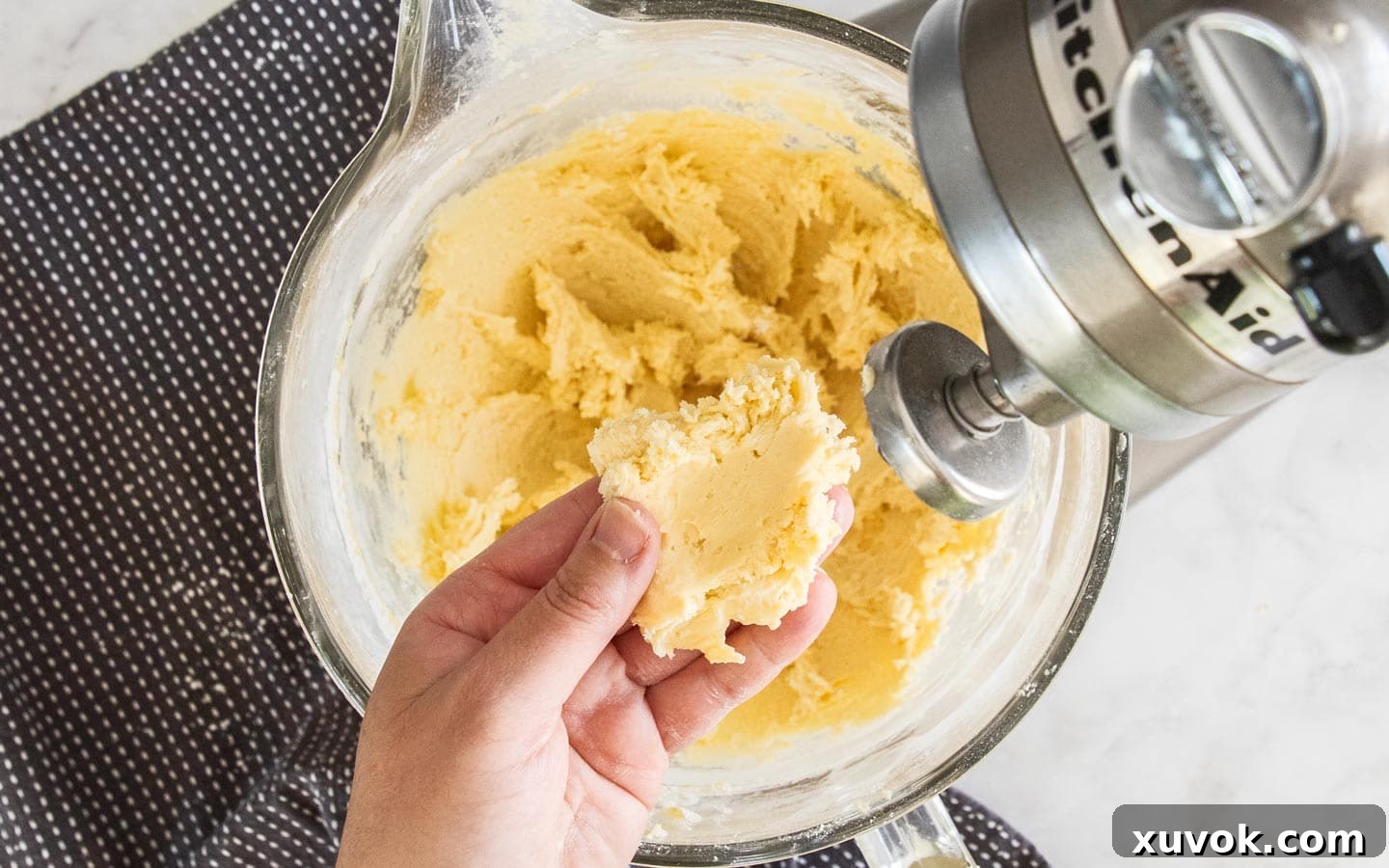A hand demonstrating the soft, pliable texture of the cookie dough, ready for shaping.