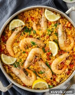 Top down view the chicken chorizo paella.
