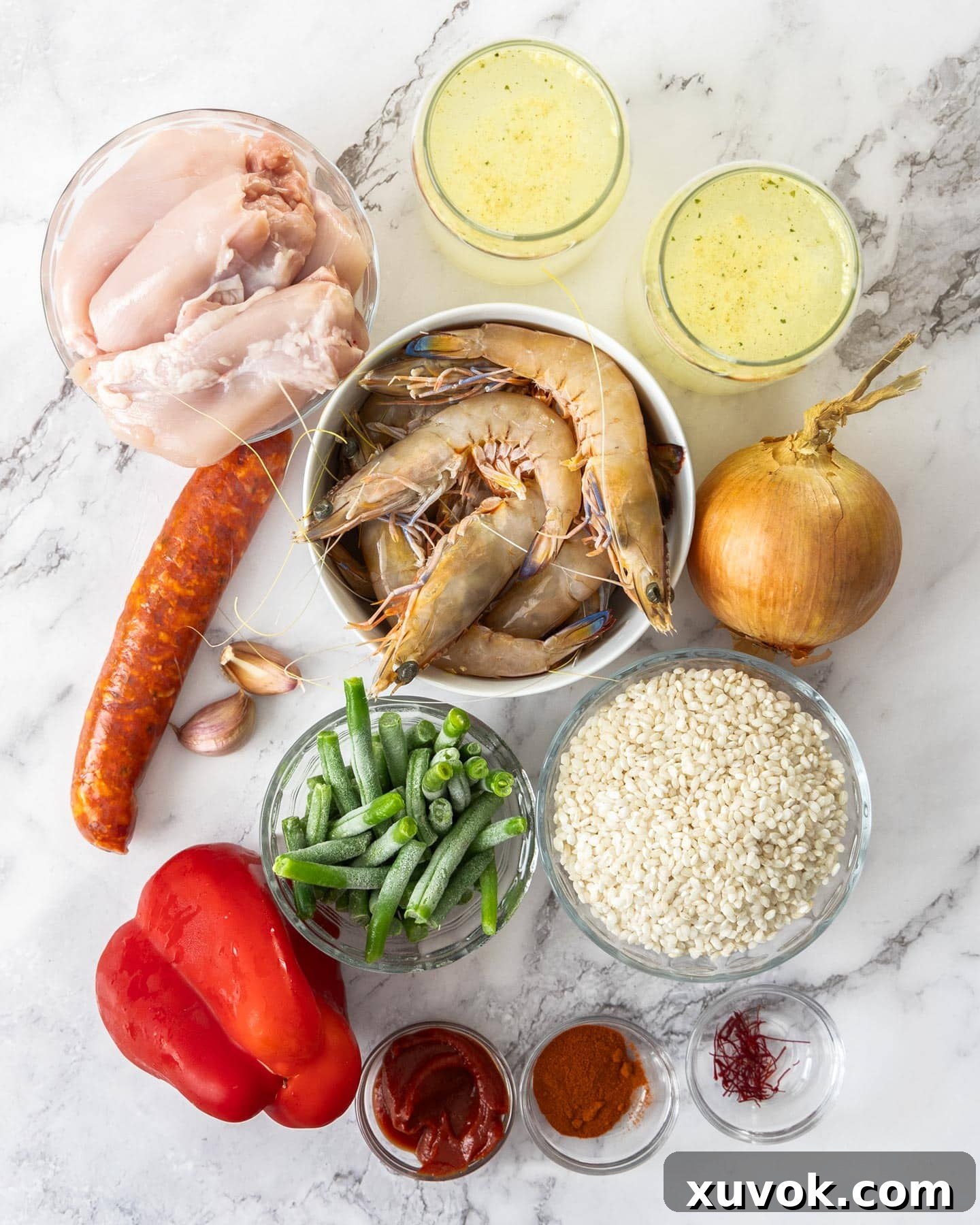 Ingredients for chicken and chorizo paella.