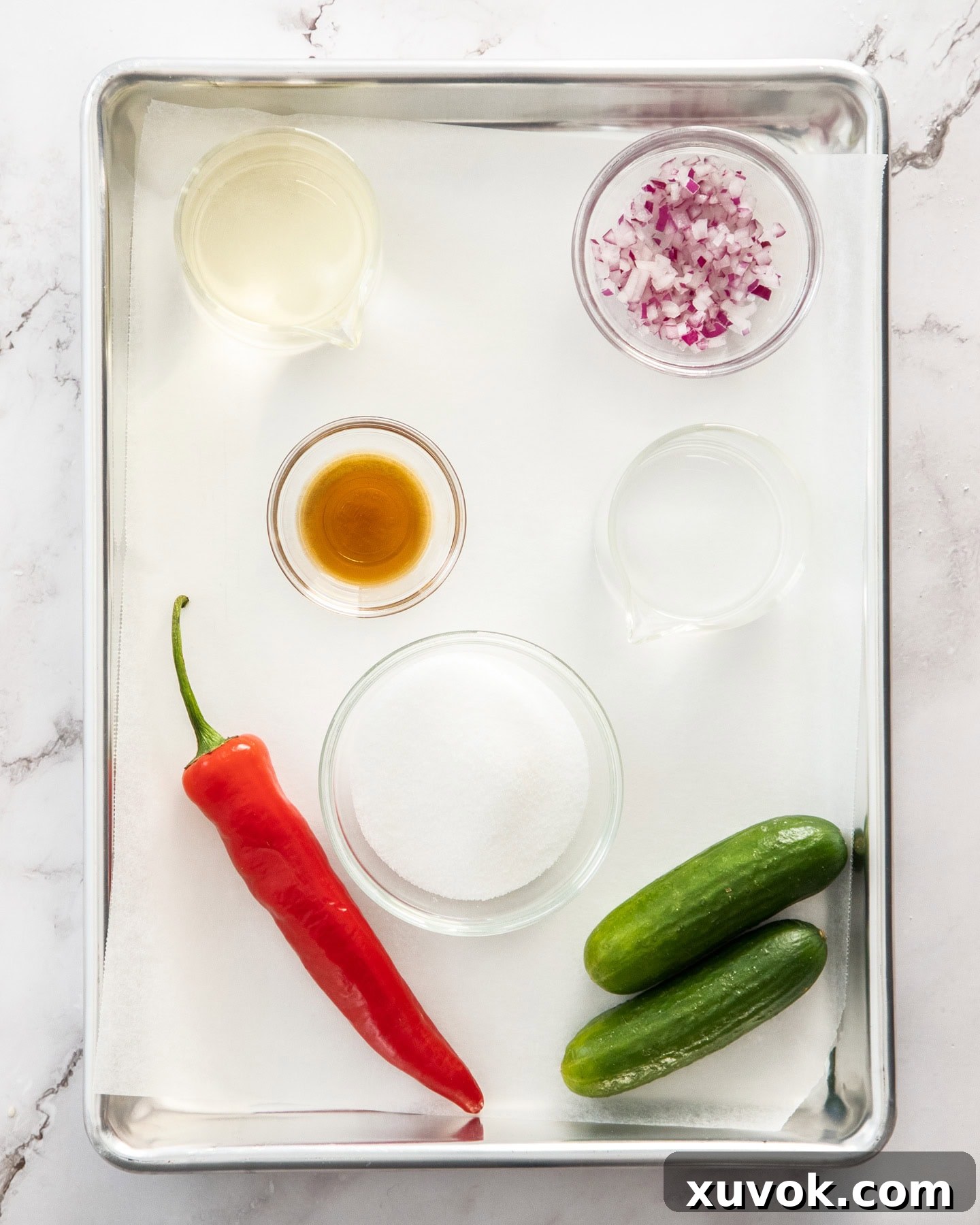Ingredients for ajaad sauce laid out on a baking tray.