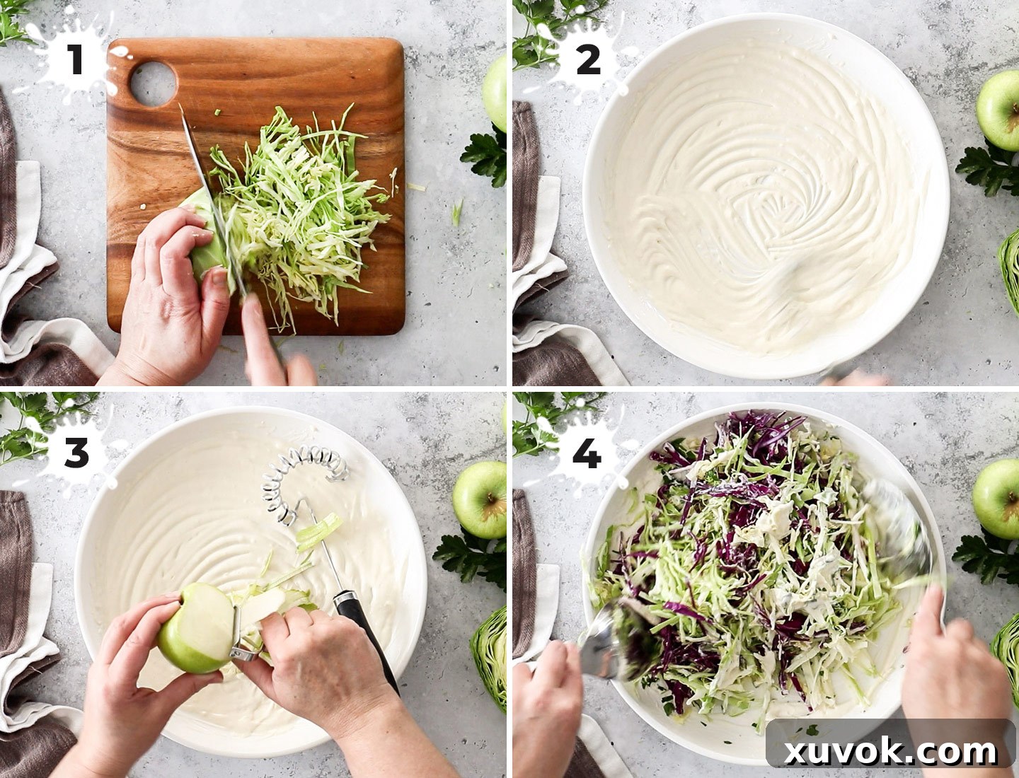 A collage showing how to make apple coleslaw.