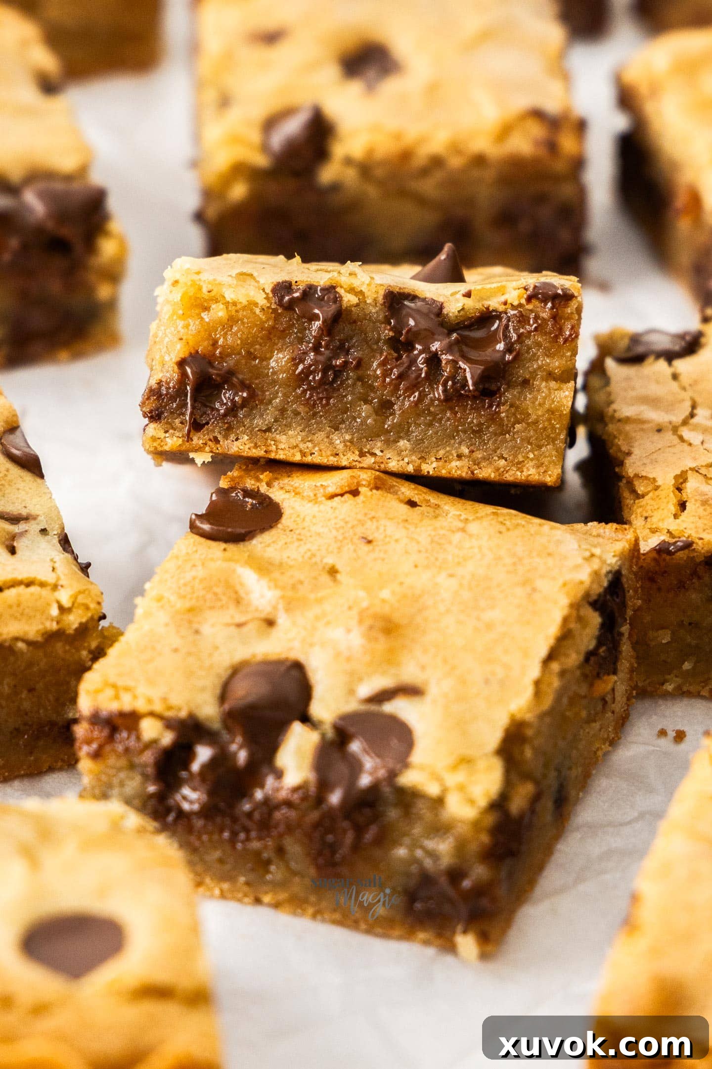 A gooey, chocolate-filled blondie leaning against another, highlighting its irresistible texture.