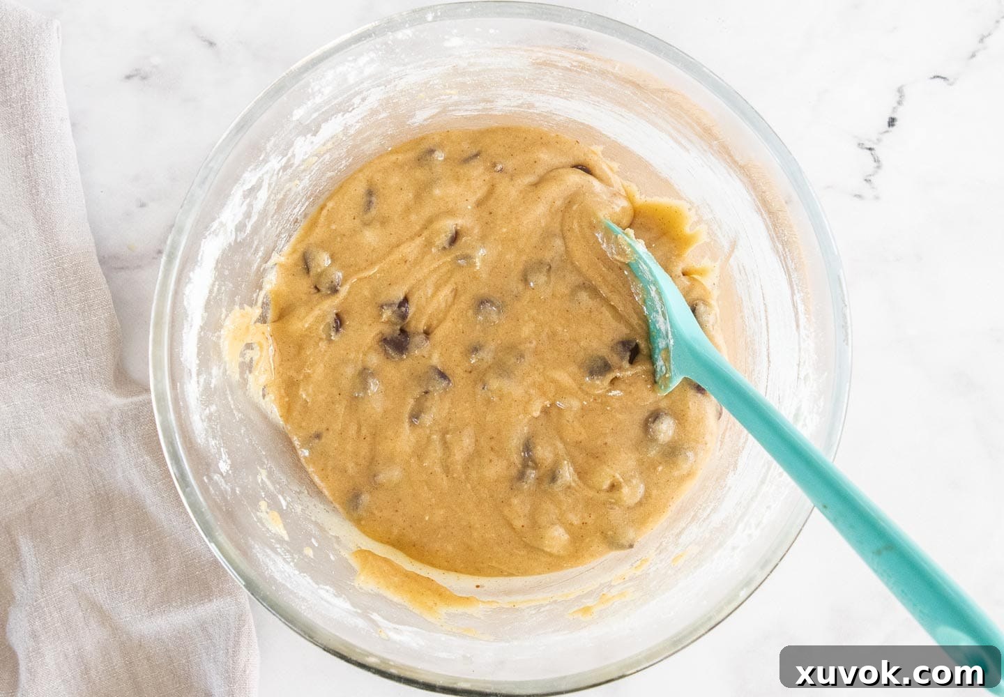 The completed blondie batter with chocolate chips mixed in, ready for baking.