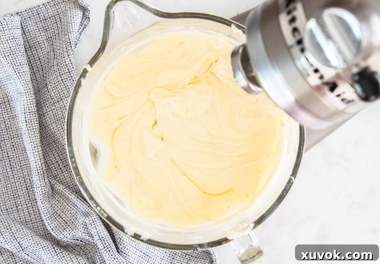 The cheesecake batter after adding the eggs.