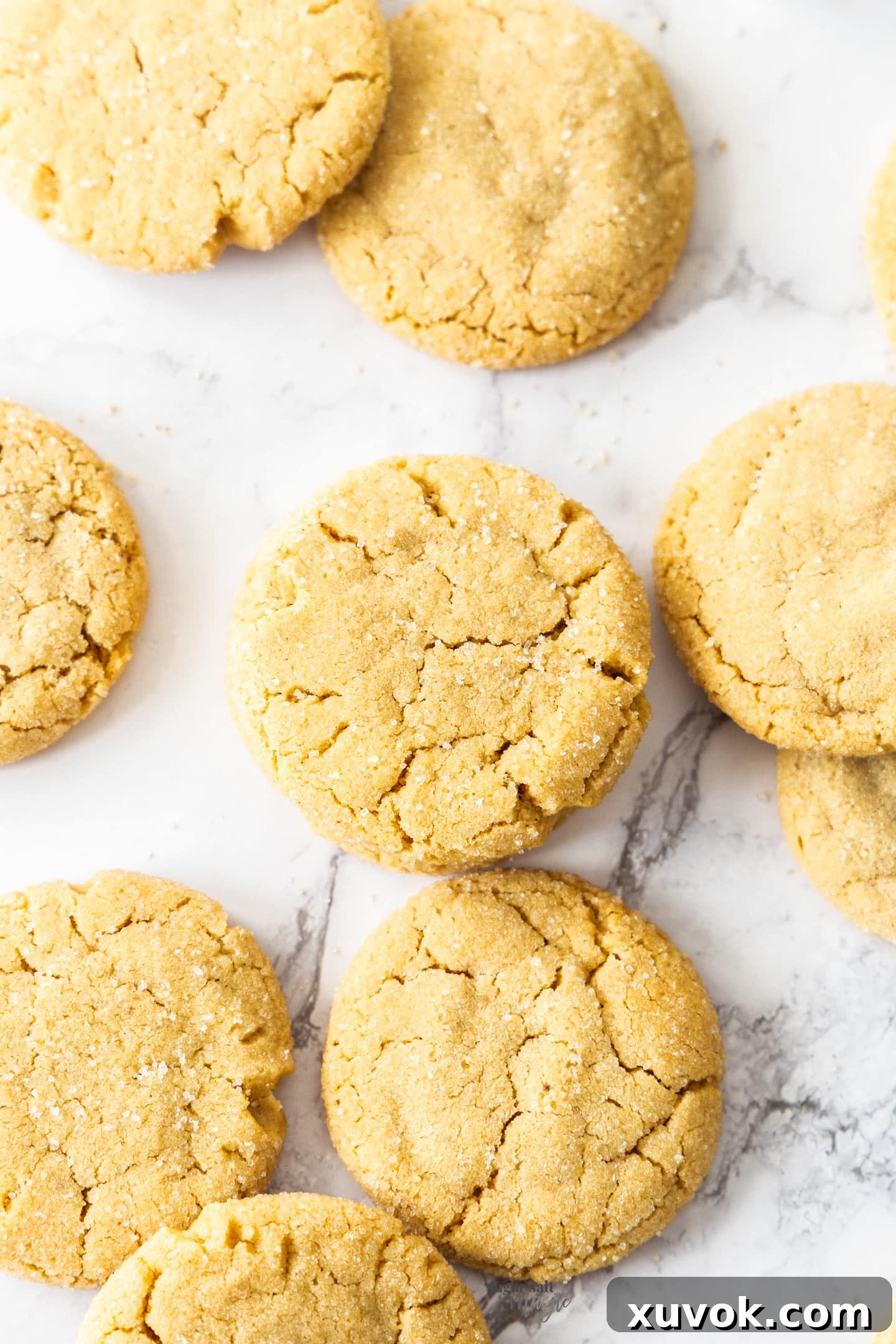 A top-down view showcasing perfectly baked browned butter peanut butter cookies arranged beautifully on a pristine marble surface, ready to be enjoyed.