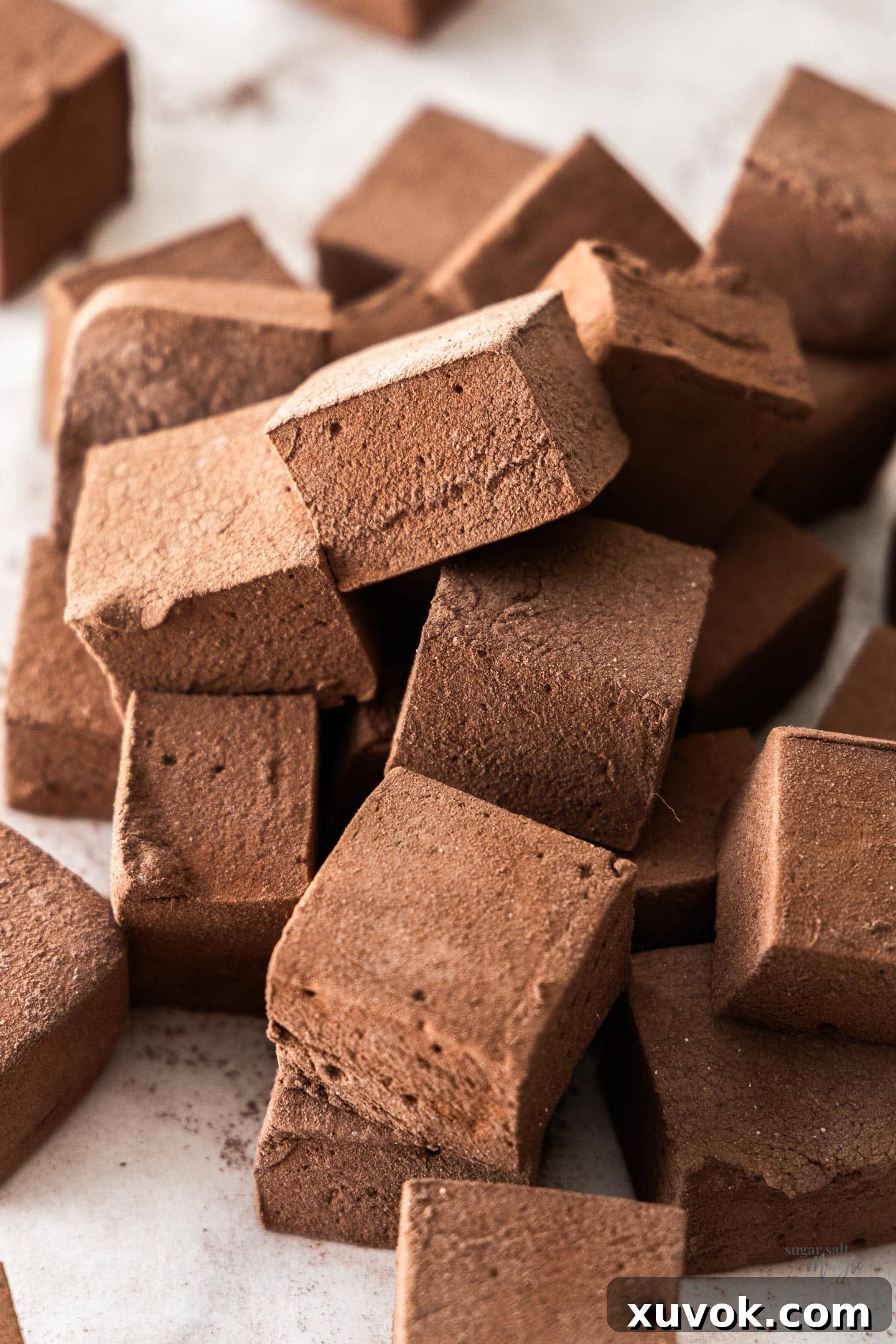 A pile of squares of homemade chocolate marshmallows, perfectly soft and dusted with cocoa.
