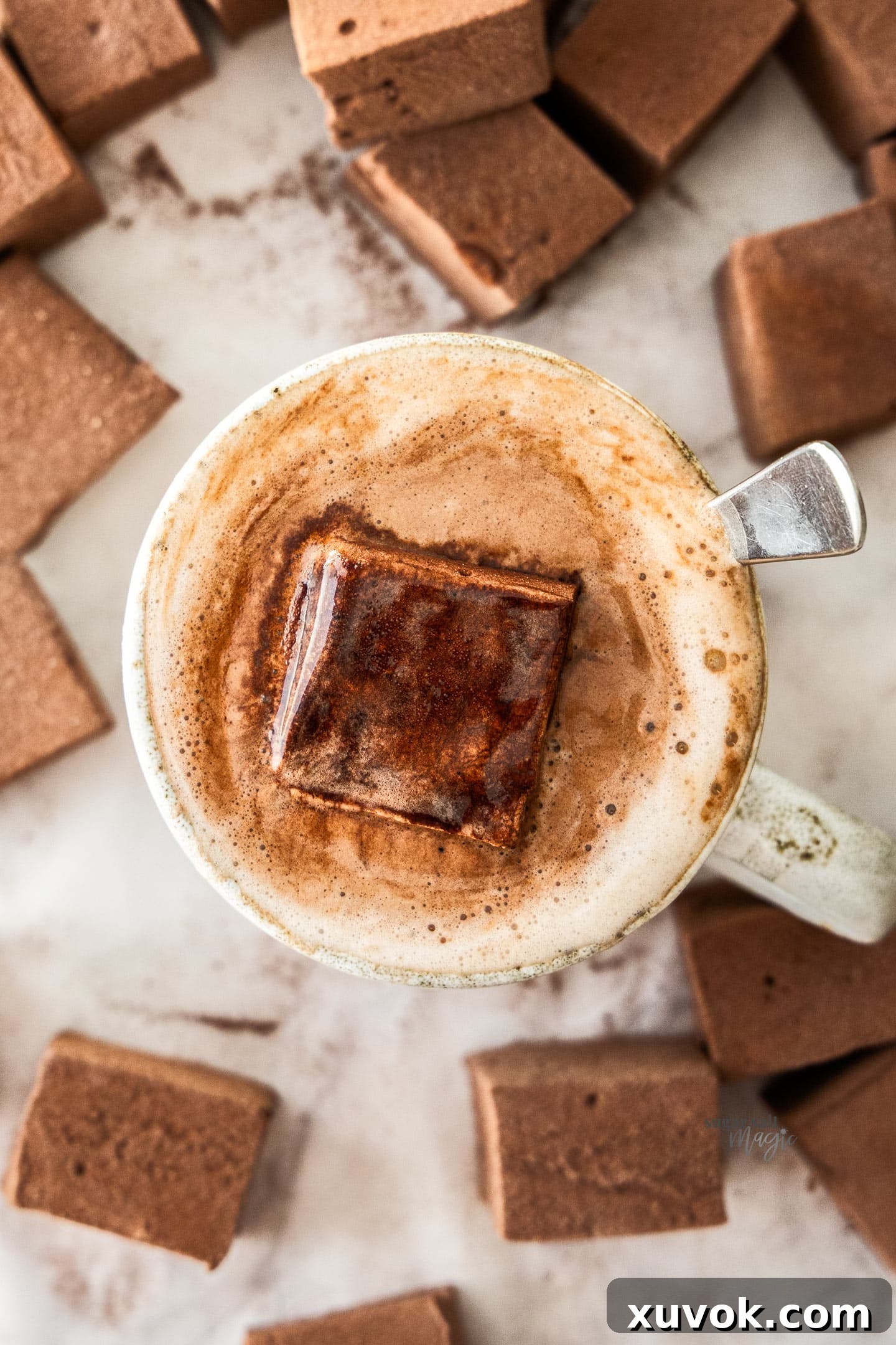 A fluffy chocolate marshmallow floating on top of a mug of rich hot chocolate, melting slowly.
