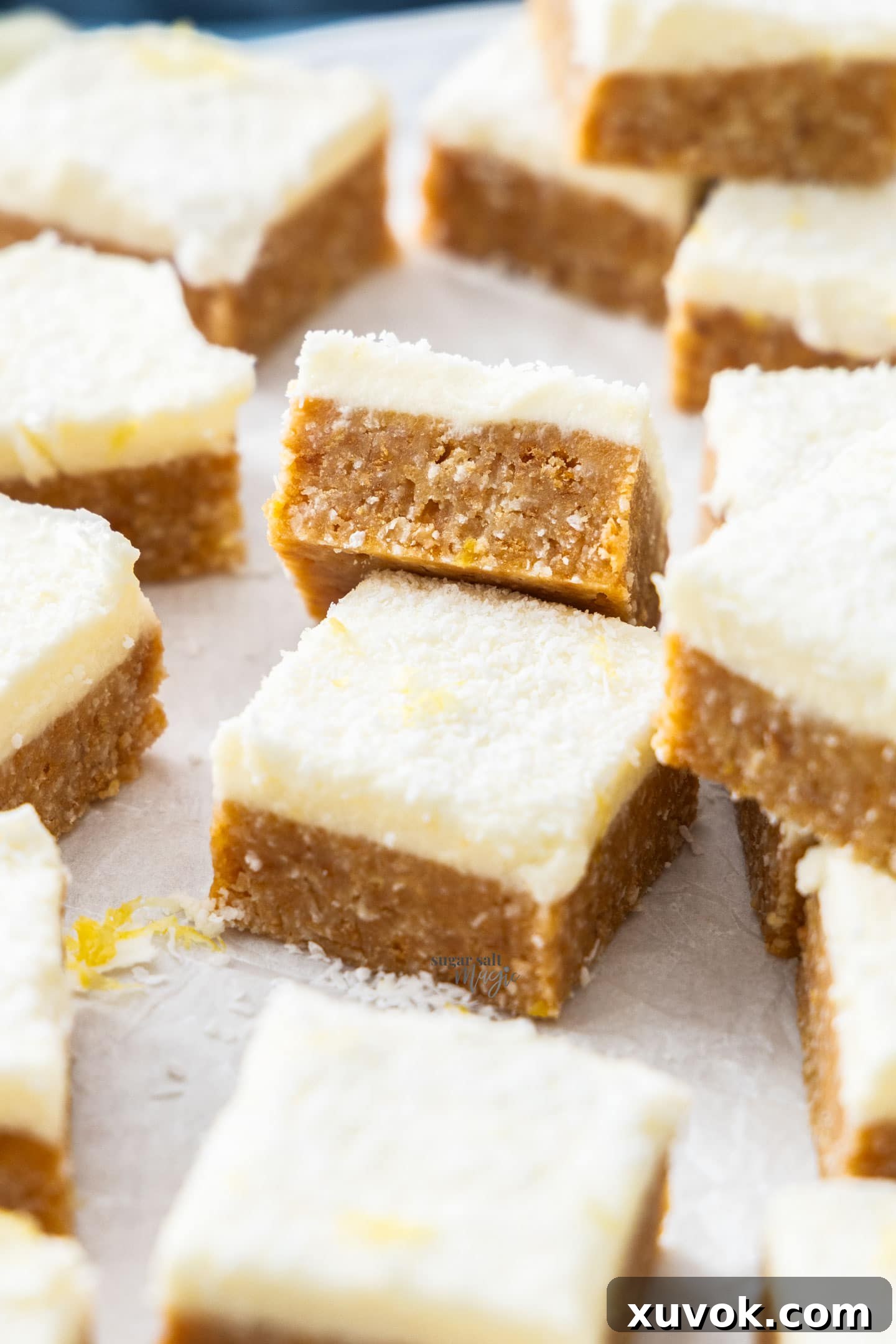 A perfectly cut slice of coconut lemon slice, leaning against another piece, showing the distinct layers of base and creamy topping.