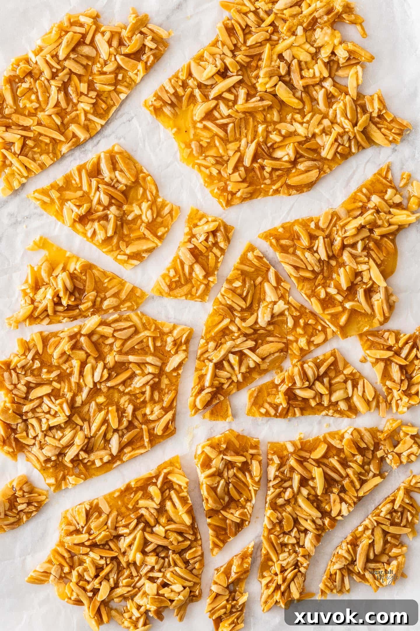 Top down view of a batch of almond praline broken into irregular, shiny shards on a white surface.