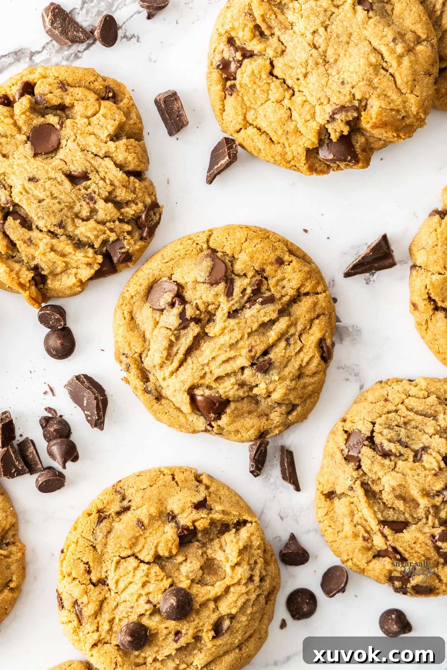 A beautifully arranged group of five ultimate chocolate chip cookies, surrounded by scattered chocolate chips and chunks, highlighting their rich texture.