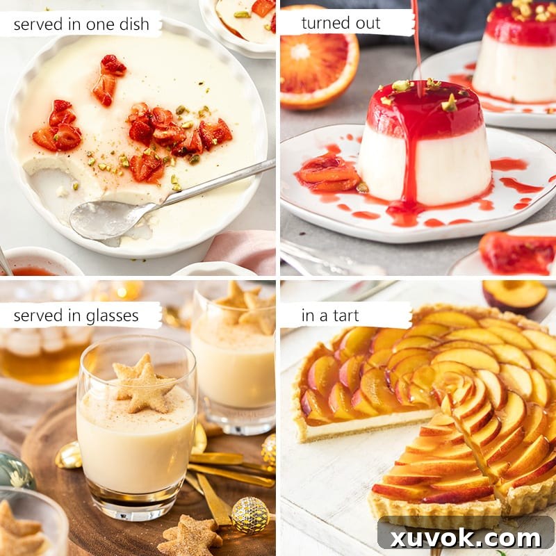 A collage of images showing different ways to serve panna cotta.