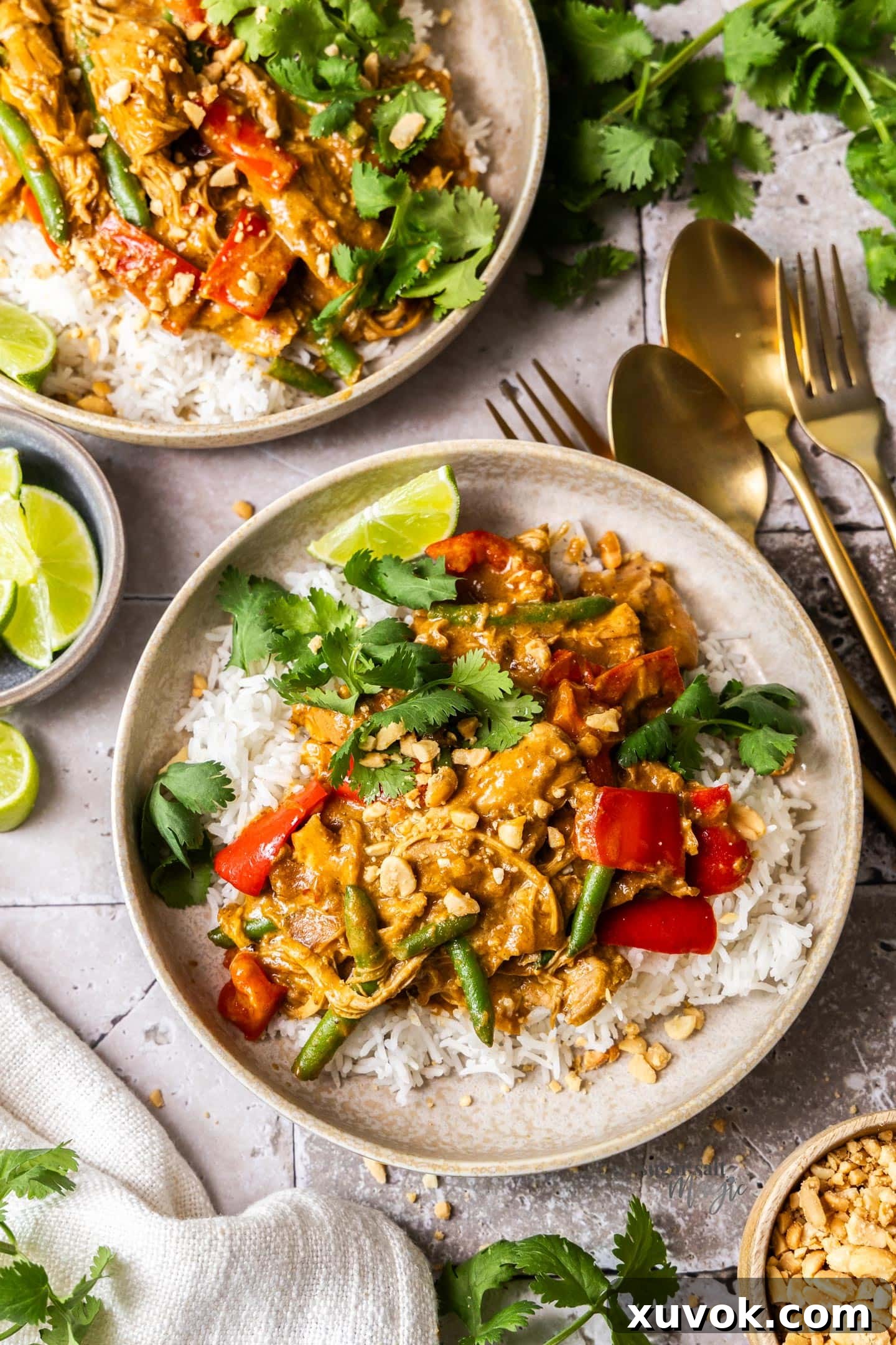 Top down view of 2 bowls of slow cooker satay chicken with rice and coriander.