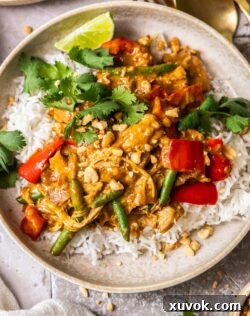 Top down view of a bowl of satay chicken and rice with a wedge of lime.