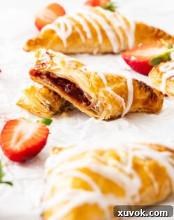 A beautifully baked strawberry turnover sliced in half, clearly showing the rich, red strawberry filling nestled within the crisp, flaky layers of the pastry.