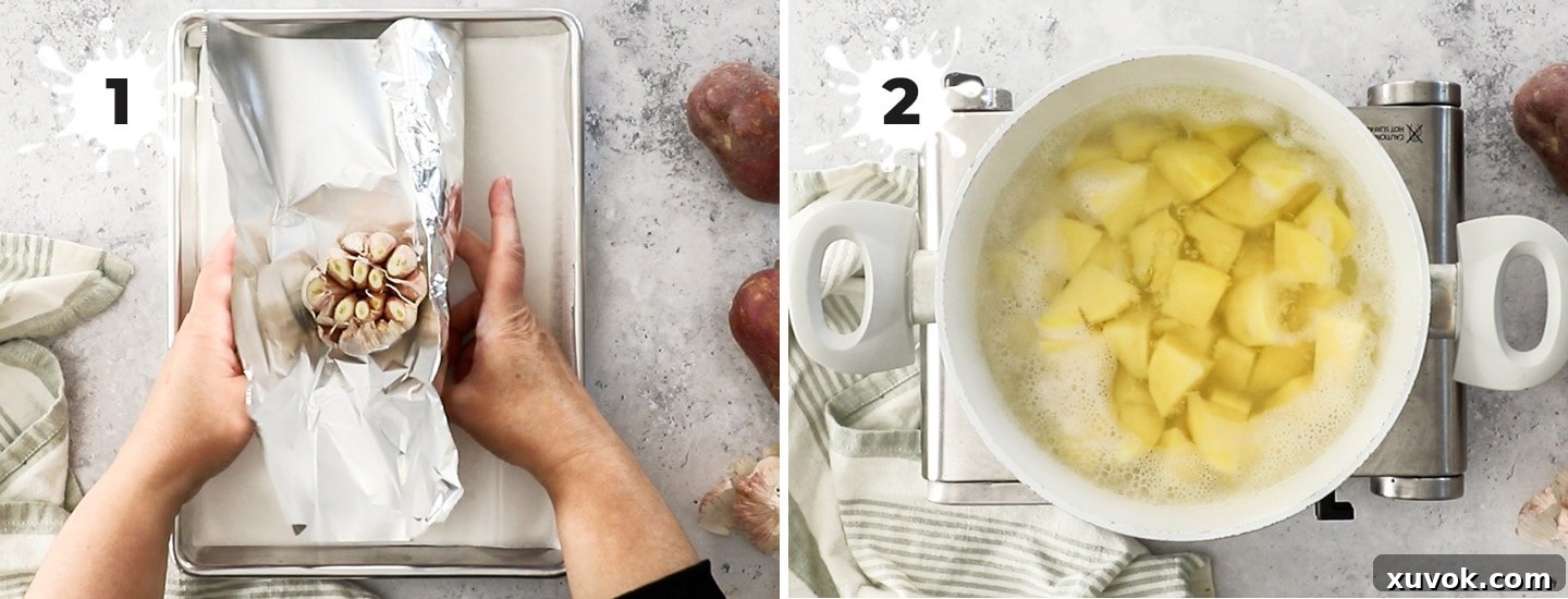A collage showing the initial steps of preparing garlic and potatoes for a creamy chowder.