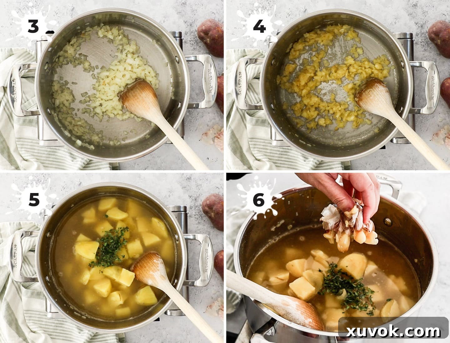A collage demonstrating the cooking process of the potato chowder, from sautéing onions to adding ingredients.