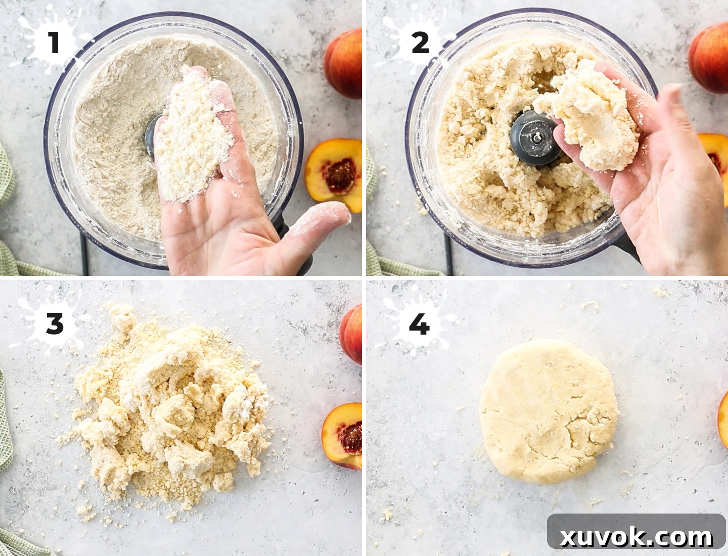 A visual collage illustrating the step-by-step process of making peach hand pies, from dough preparation to shaping and baking.