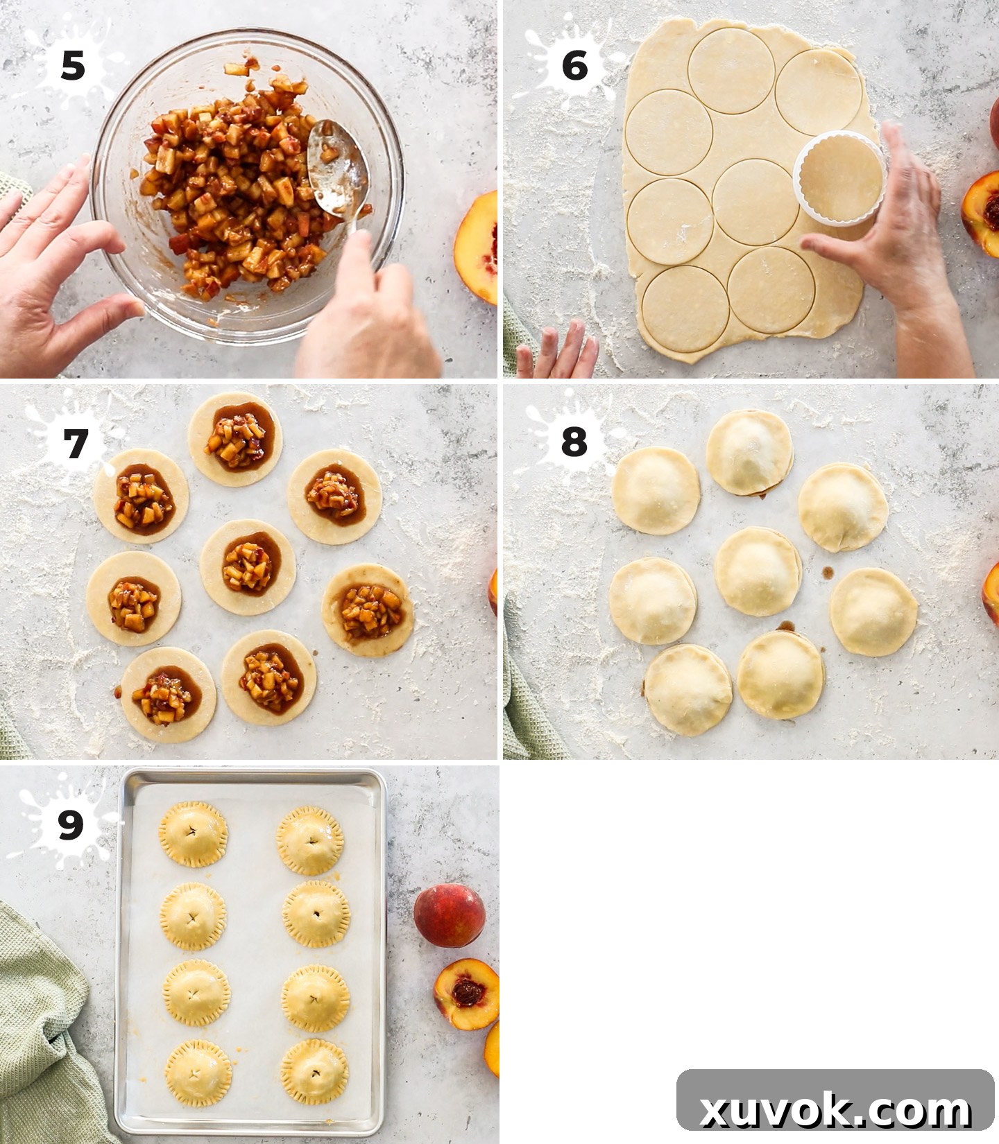 A four-panel collage demonstrating the assembly process of peach hand pies, from spooning filling onto dough circles to crimping edges and preparing for baking.