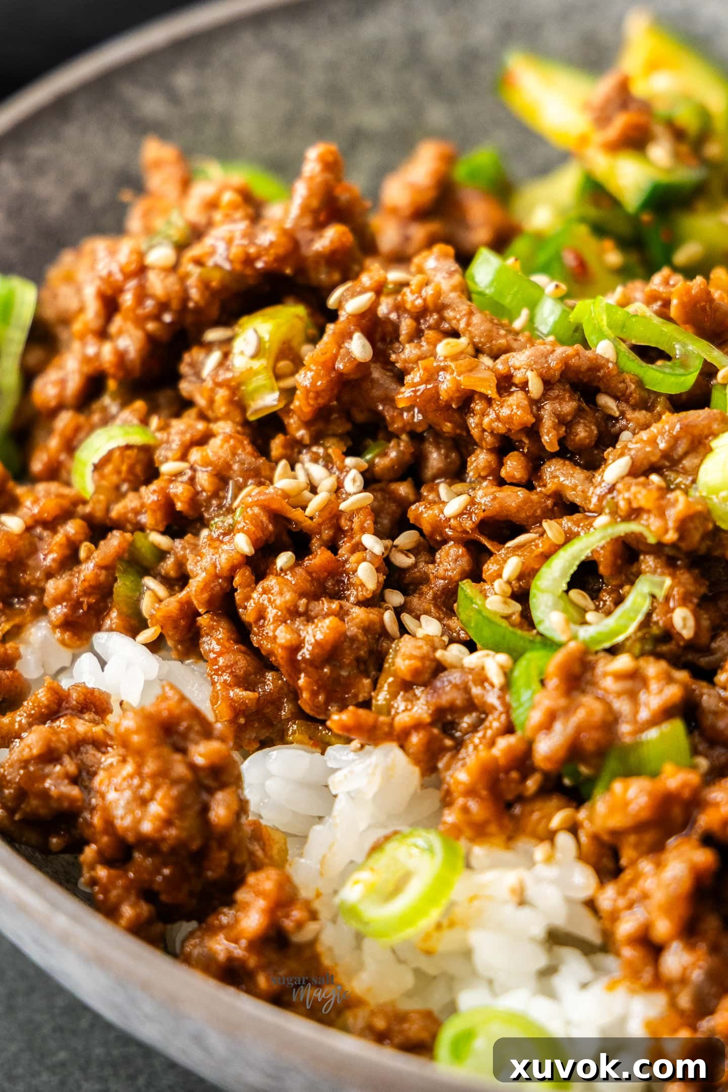 Extreme closeup of the gochujang beef.