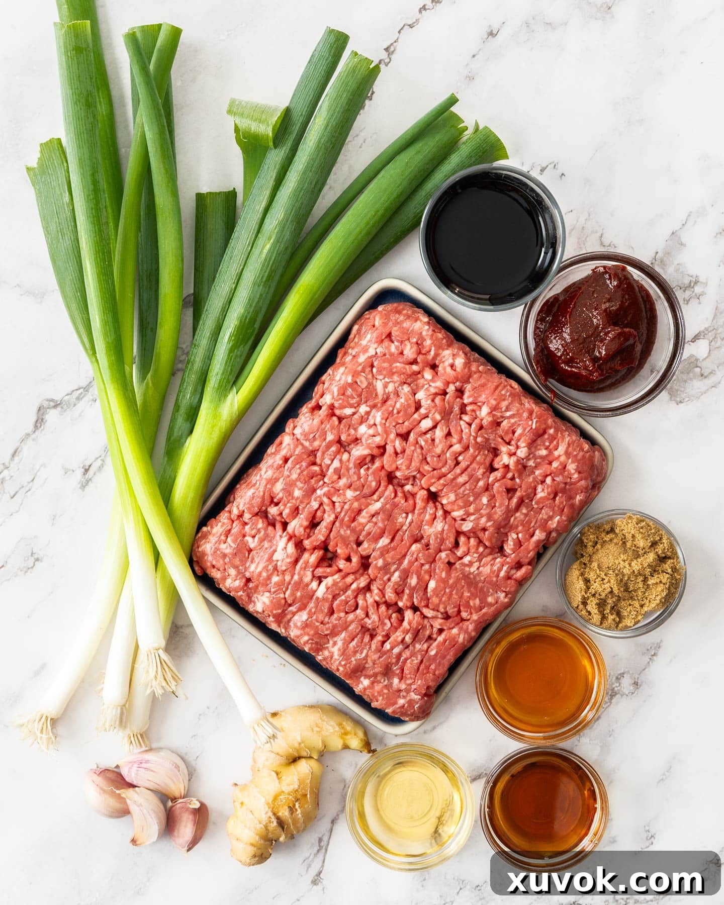 Ingredients for gochujang beef bowls.