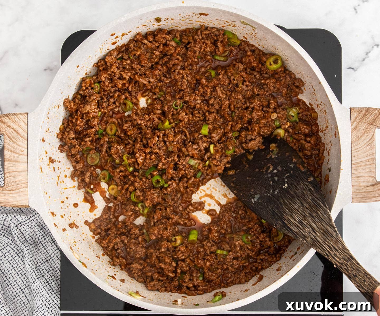 The finished gochujang beef in a pan.
