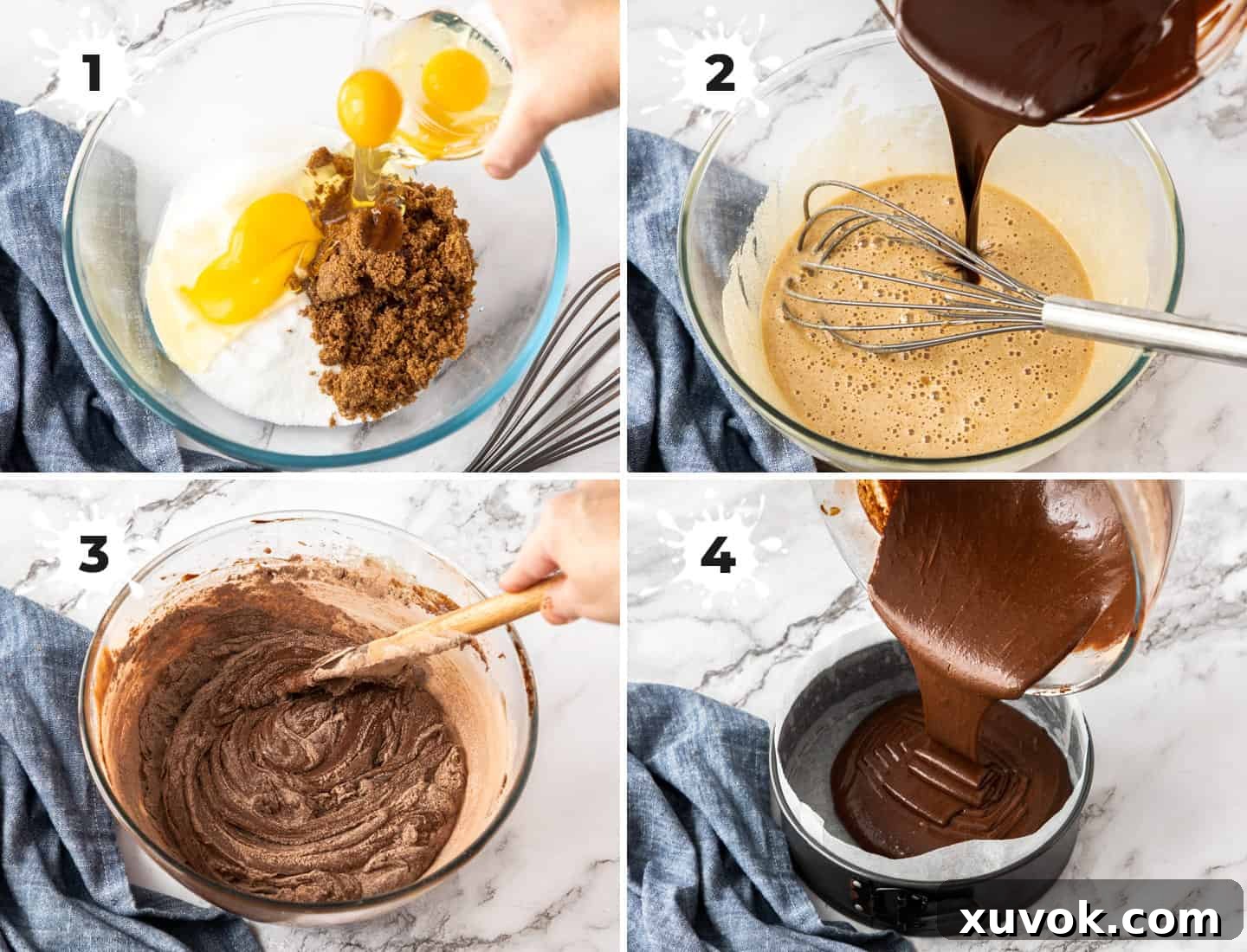 A four-image collage demonstrating the step-by-step process of mixing the luscious chocolate brownie batter in a clear glass bowl, showcasing the consistency at each stage.