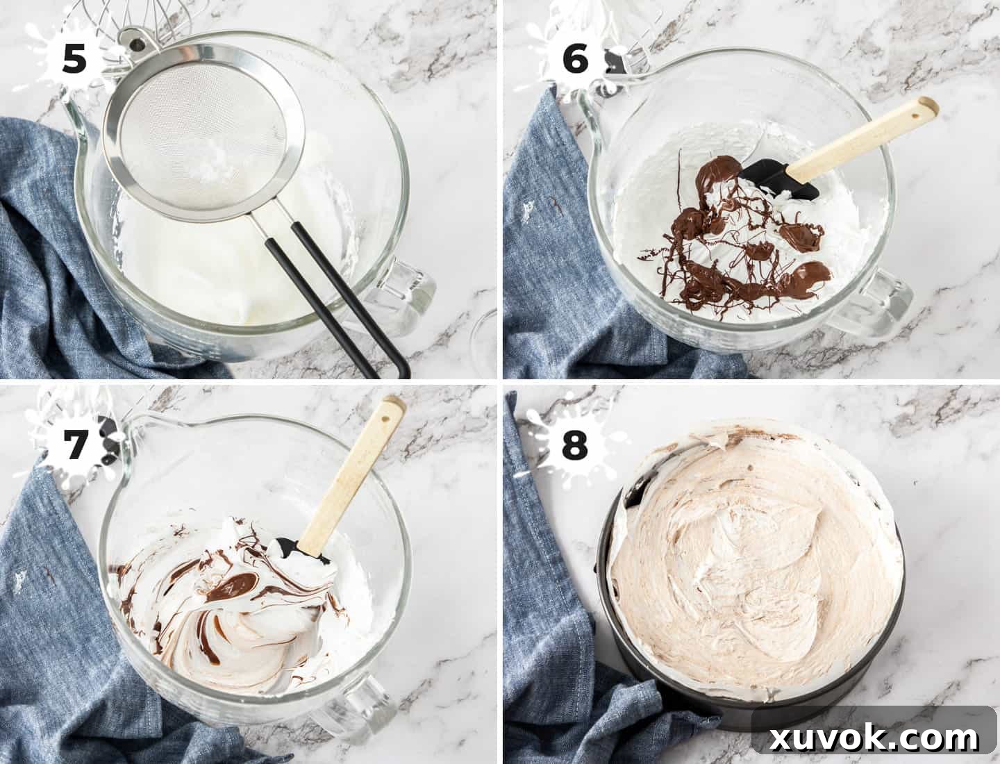 A four-image collage illustrating the precise steps involved in making the luxurious chocolate swirled meringue, from whipping egg whites to gently folding in melted chocolate.
