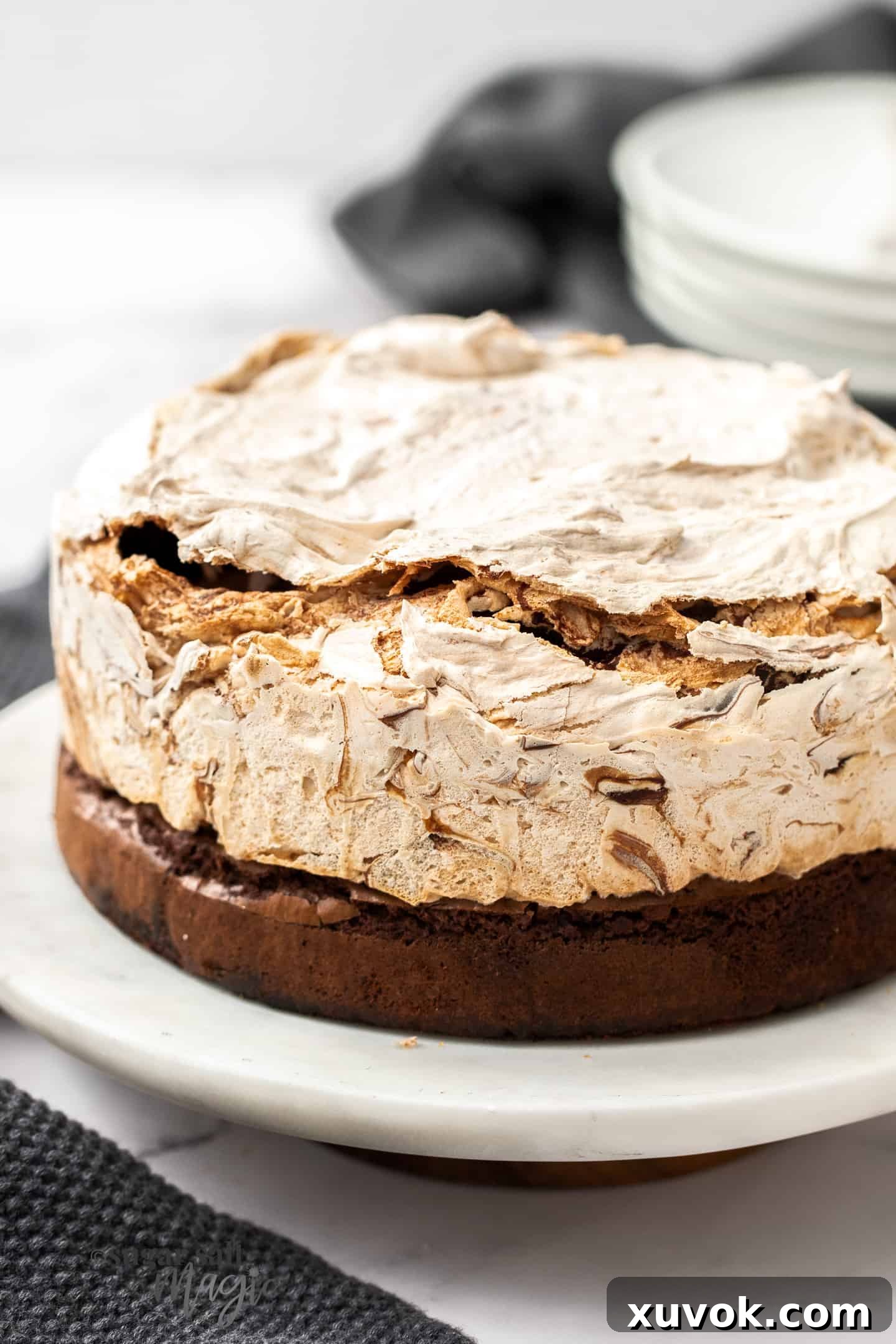 A close-up view of the majestic Chocolate Meringue Brownie Cake, showcasing its perfectly browned, rustic meringue topping atop the rich chocolate brownie base, all resting on a marble platter.