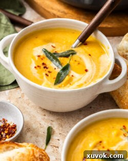 A bowl of creamy roasted cauliflower and pumpkin soup garnished with crispy sage leaves.