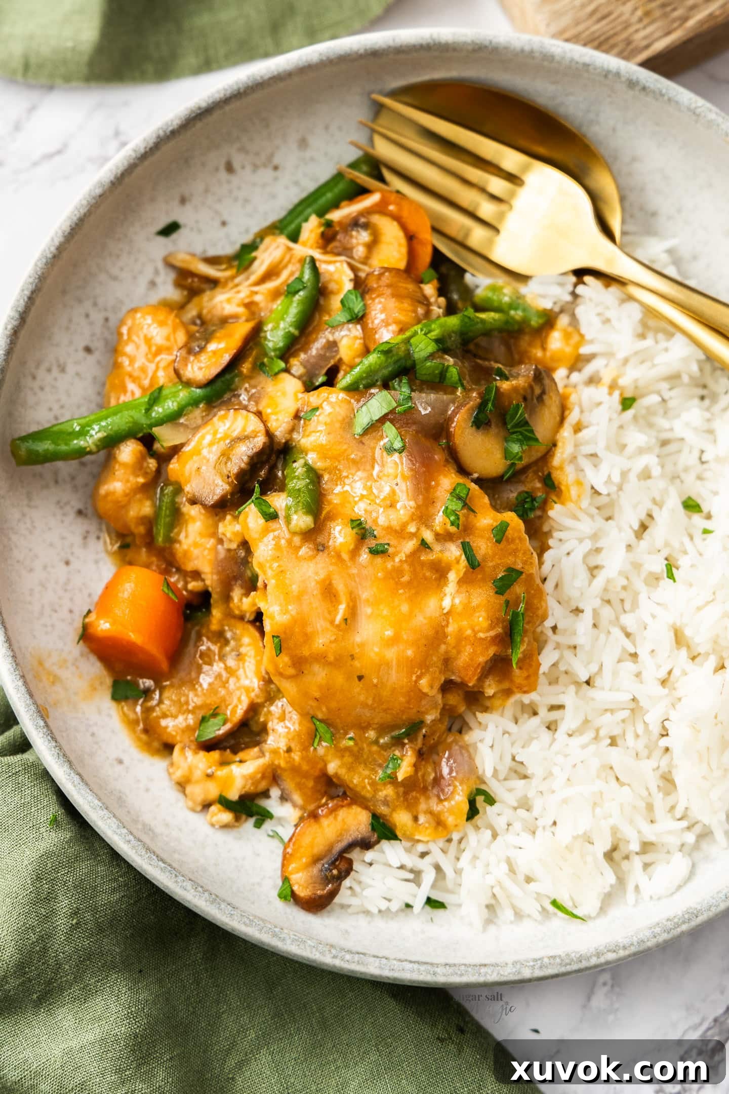 Top down view of slow cooker apricot chicken next to rice in a bowl, garnished with fresh herbs.