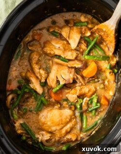 Top down view of slow cooker apricot chicken in a slow cooker bowl.