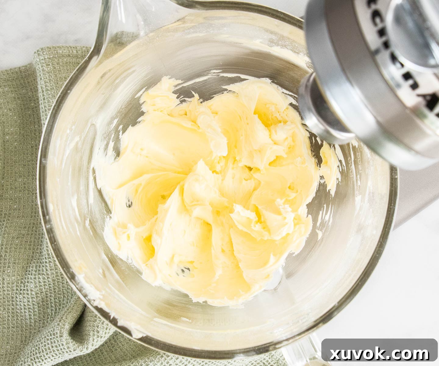 Creamed butter and sugar in a mixing bowl, light and fluffy.