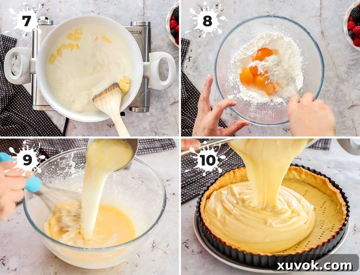 A collage of 4 images illustrating the process of making the creamy vanilla custard filling (crème patissière) for a fruit custard tart.