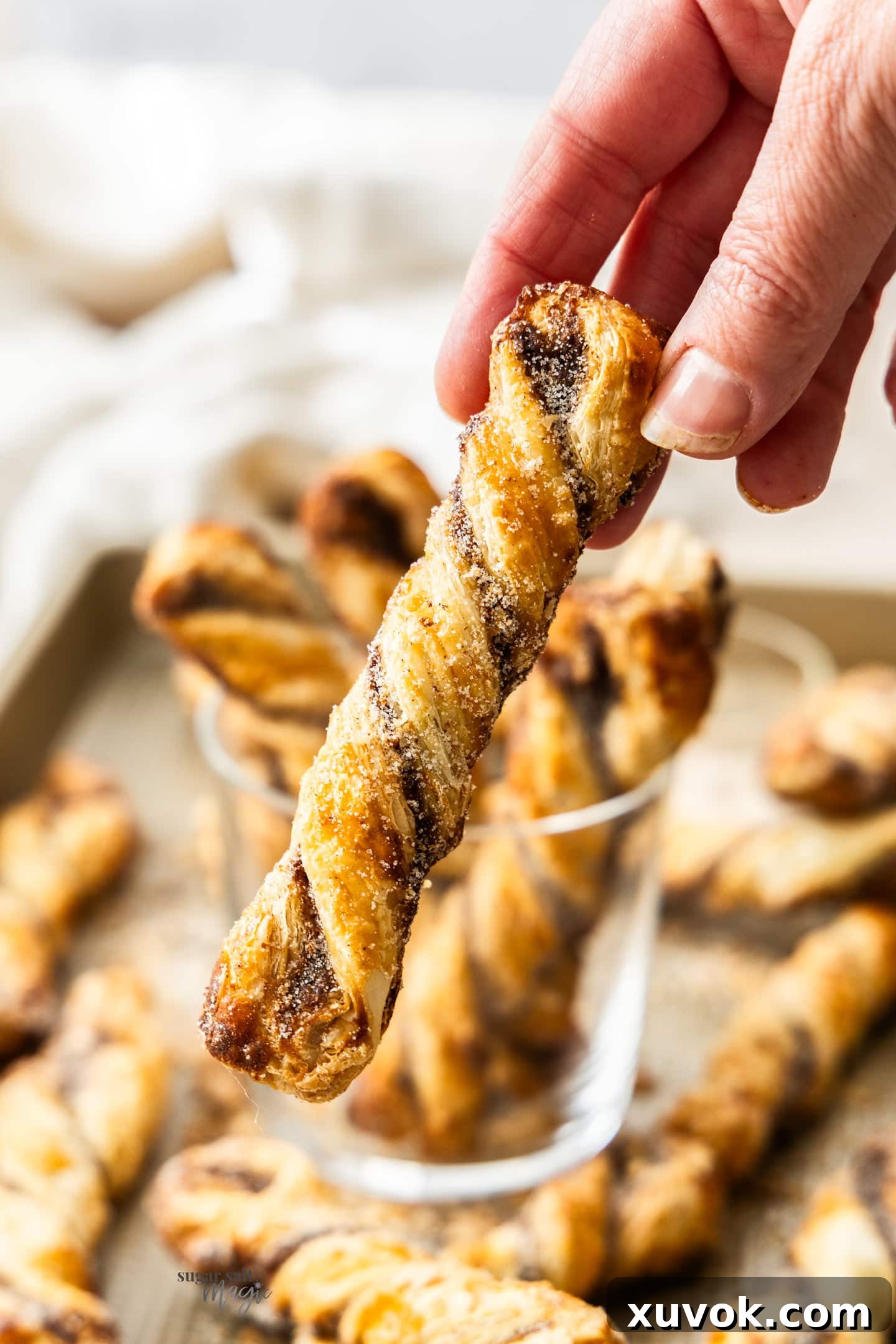 A hand holding a golden-brown cinnamon puff pastry twist, highlighting its flaky texture and cinnamon sugar coating.