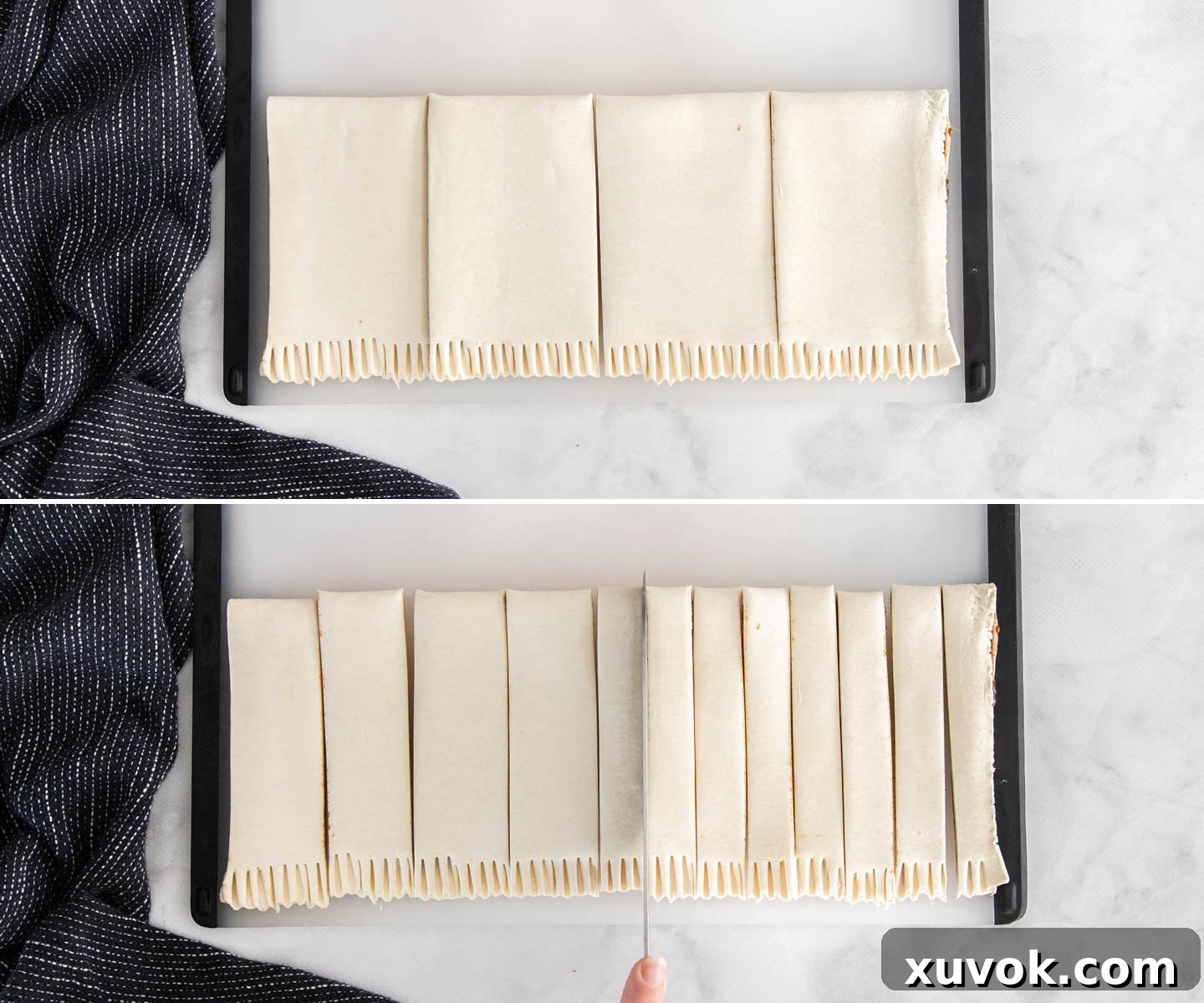 The puff pastry, now sealed with filling inside, being cut into 16 even strips using a knife.