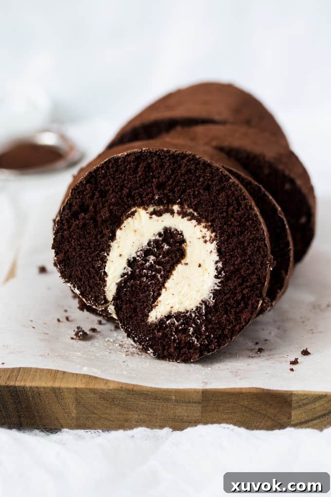 Closeup of a slice of chocolate roll cake, showing the perfect spiral of sponge and cream.