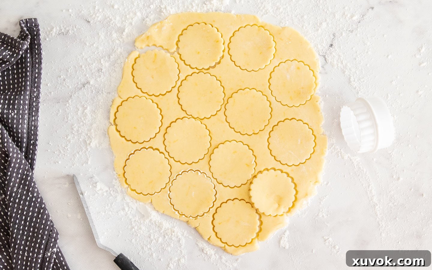 Rolled out cookie dough with shapes already cut out using a fluted cookie cutter, demonstrating the precision of cut-outs.