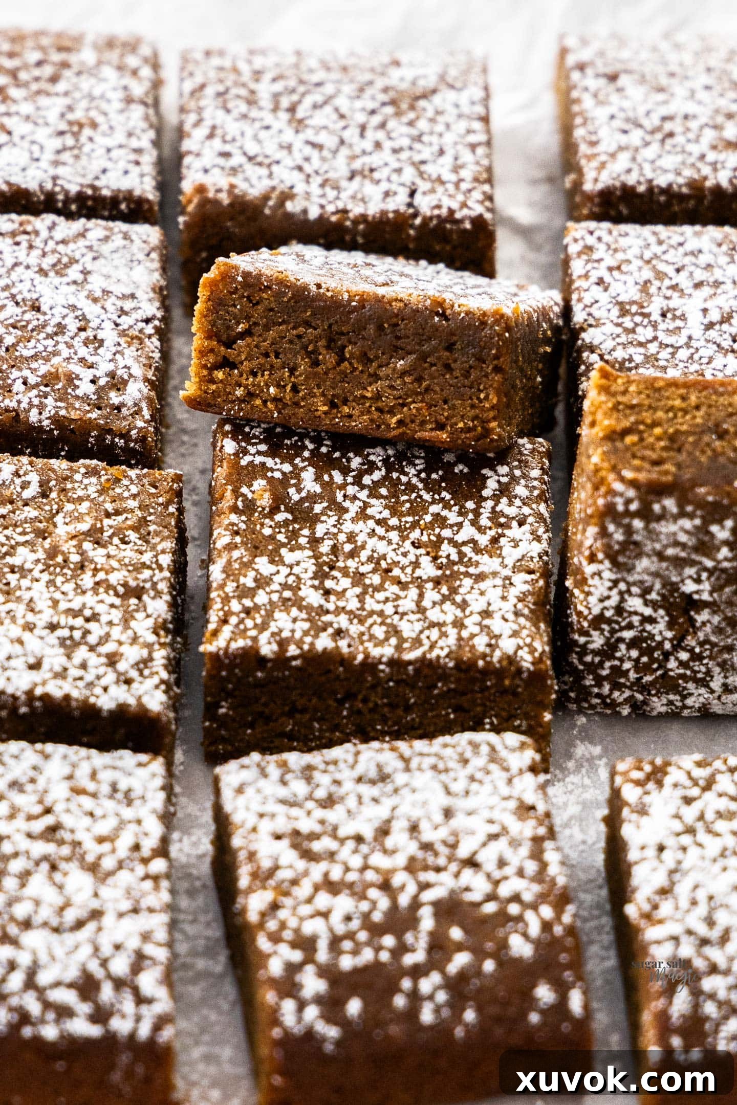 A gingerbread blondie leaning on another showing the fudgy texture inside.