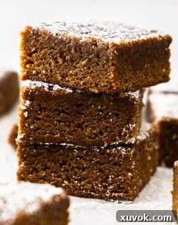 A closeup of a stack of 3 gingerbread blondies.