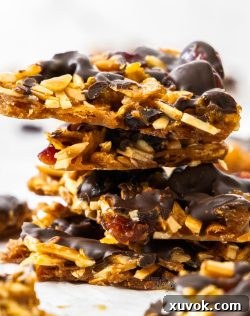 A stack of 4 pieces of florentine slice, showcasing its inviting layers of toffee, nuts, and chocolate.