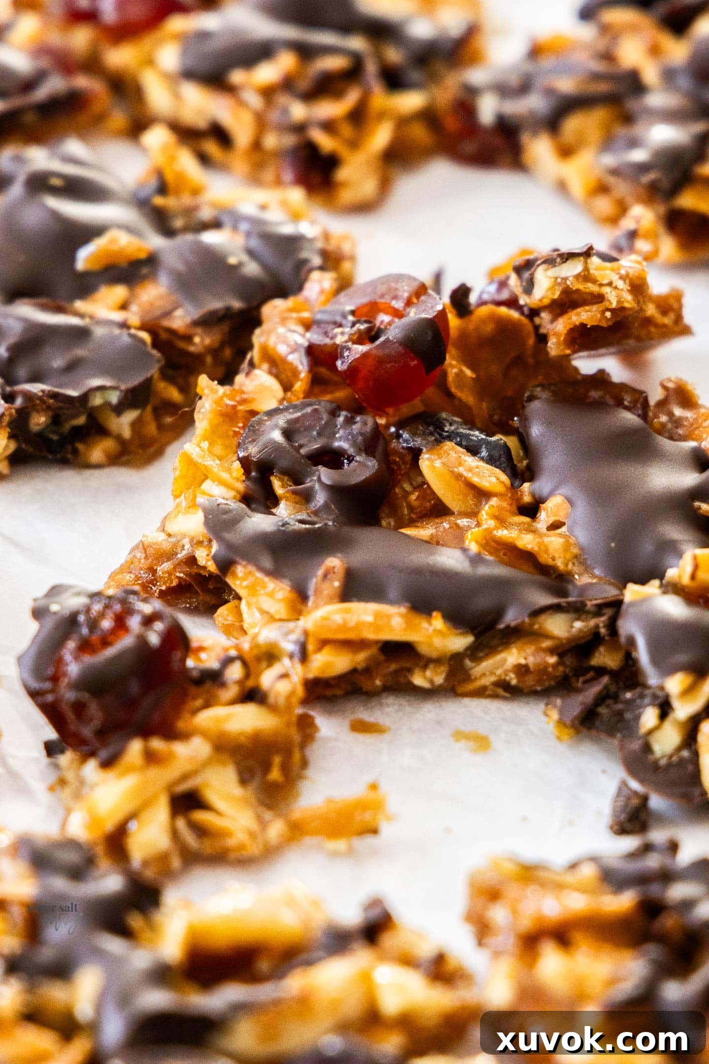 Closeup of Florentine slice showing the glistening almonds and toffee peeking through the chocolate layer.