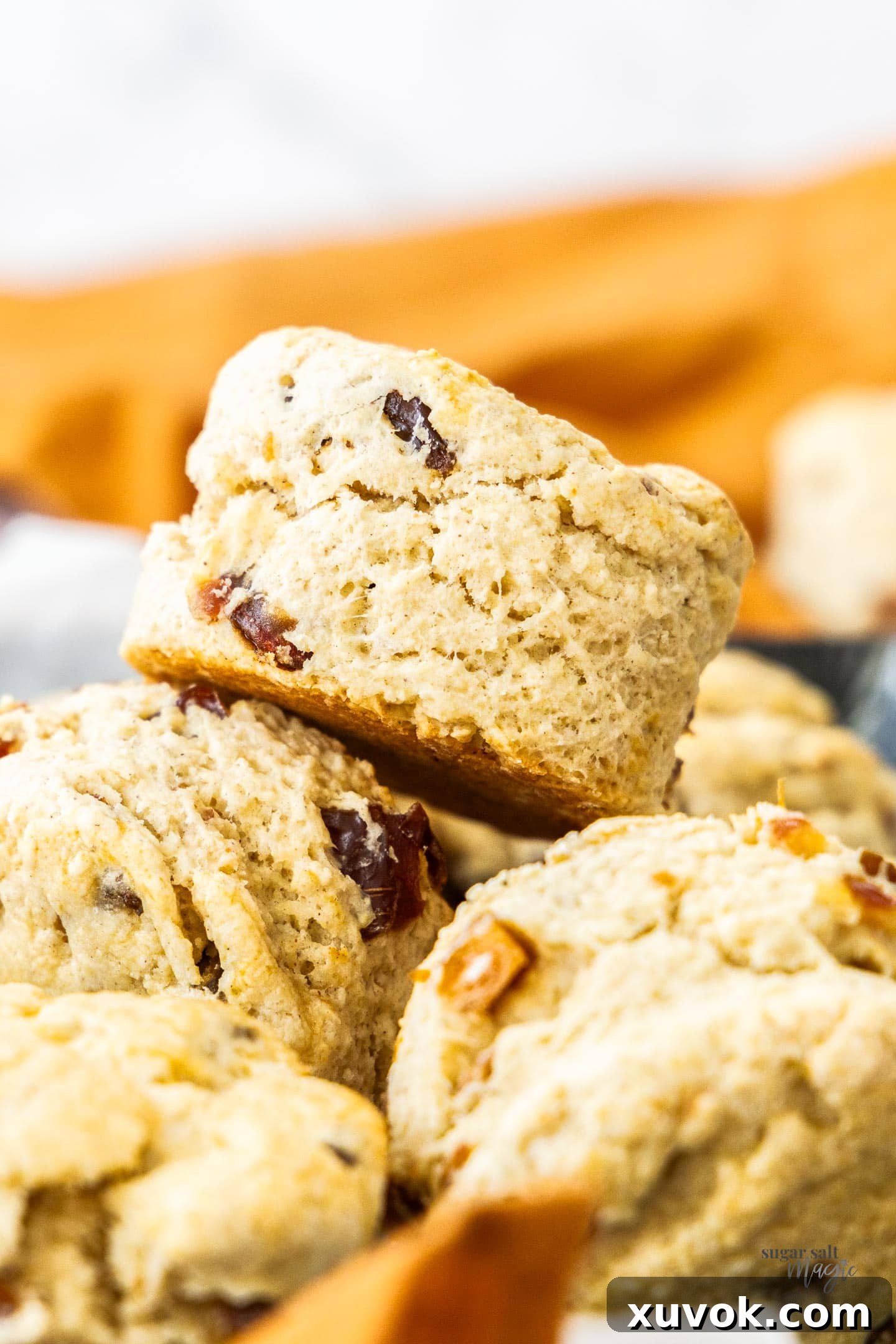 Closeup of a freshly baked date scone, showing its golden-brown, crackly side.