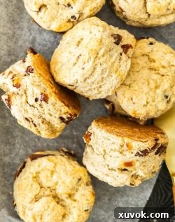 Top down view of 7 date scones in a metal tray with a butter knife next to them.