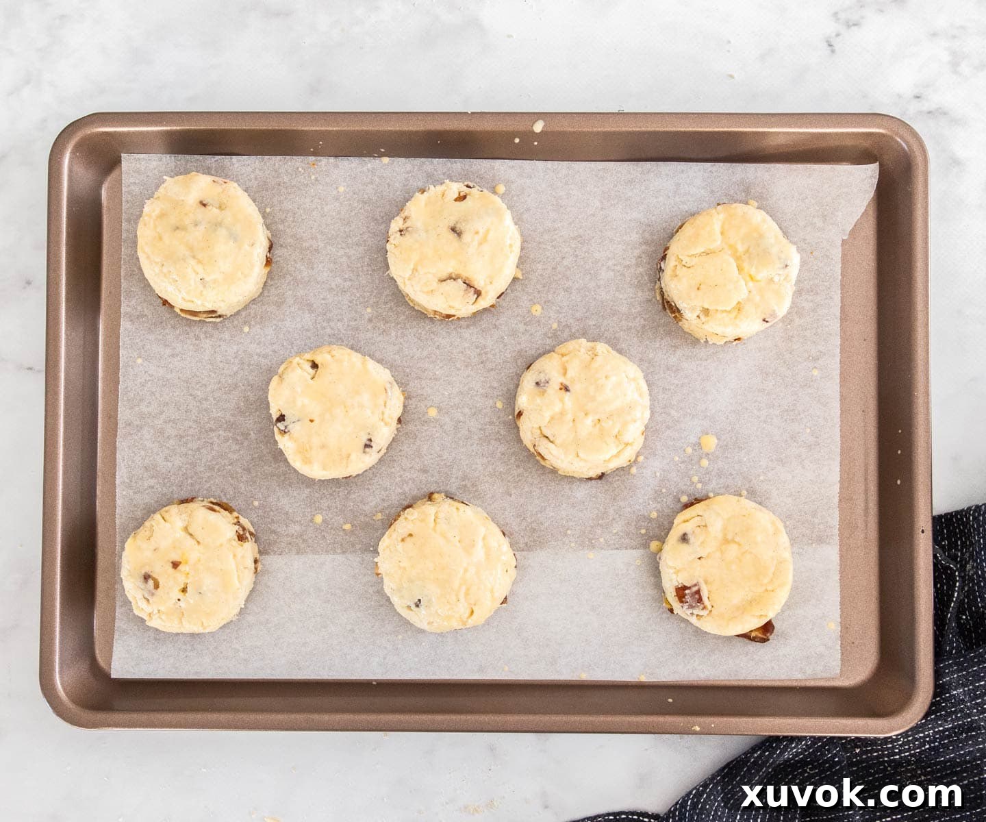 Top down view of a tray of unbaked date scones brushed with egg wash, ready for the oven.