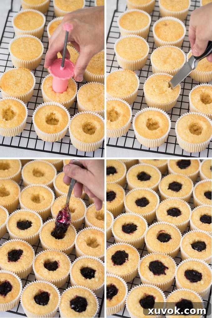 A collage of 4 photos demonstrating the process of filling cupcakes with compote.