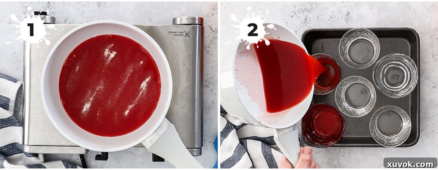 Two images showing how to make the blood orange jelly.