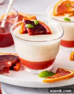 Closeup of a buttermilk panna cotta with blood orange jelly.