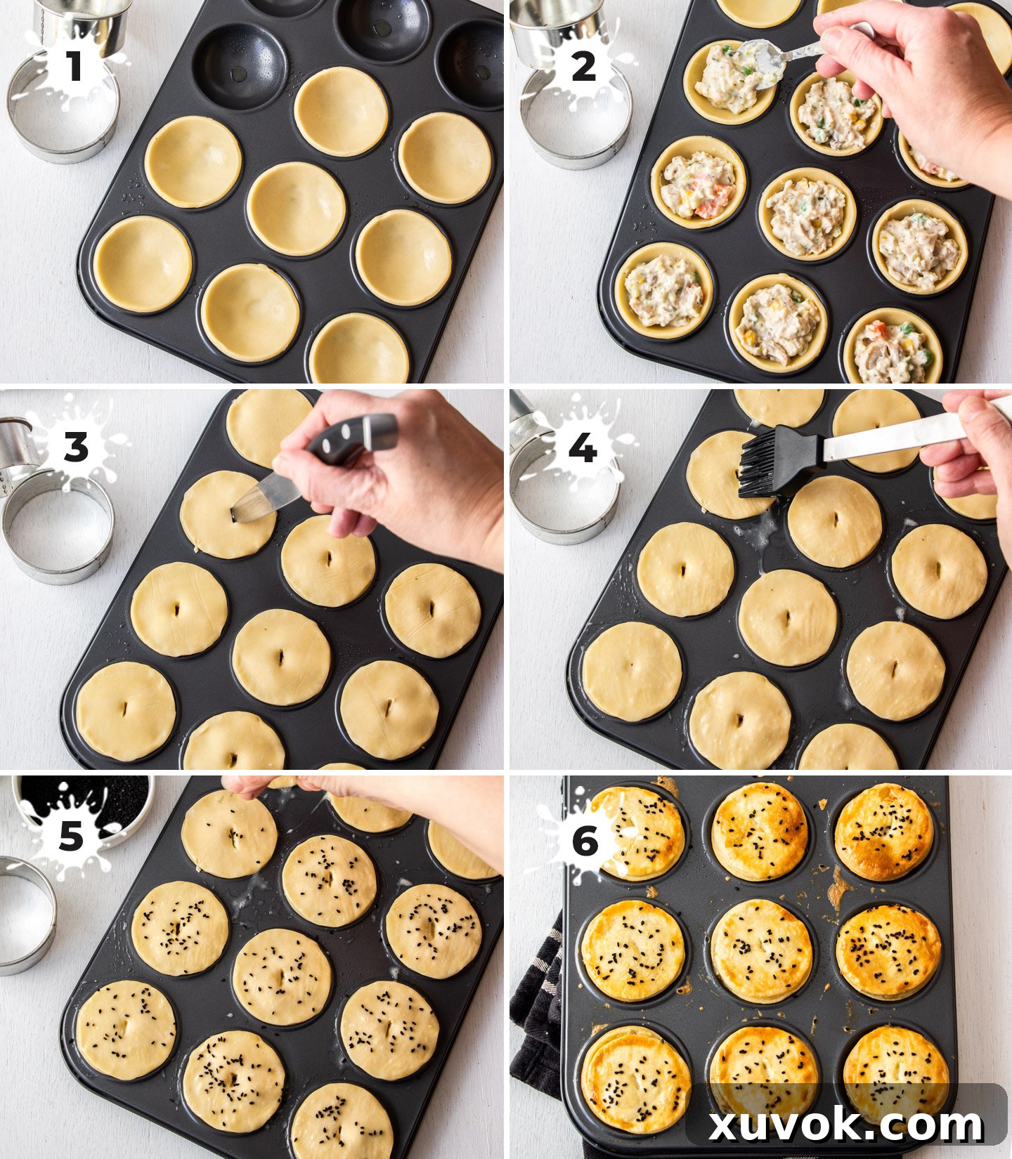 A step-by-step visual collage demonstrating how to prepare mini chicken pot pies, from mixing the filling to placing pastry in the tin, highlighting the simplicity of the process.