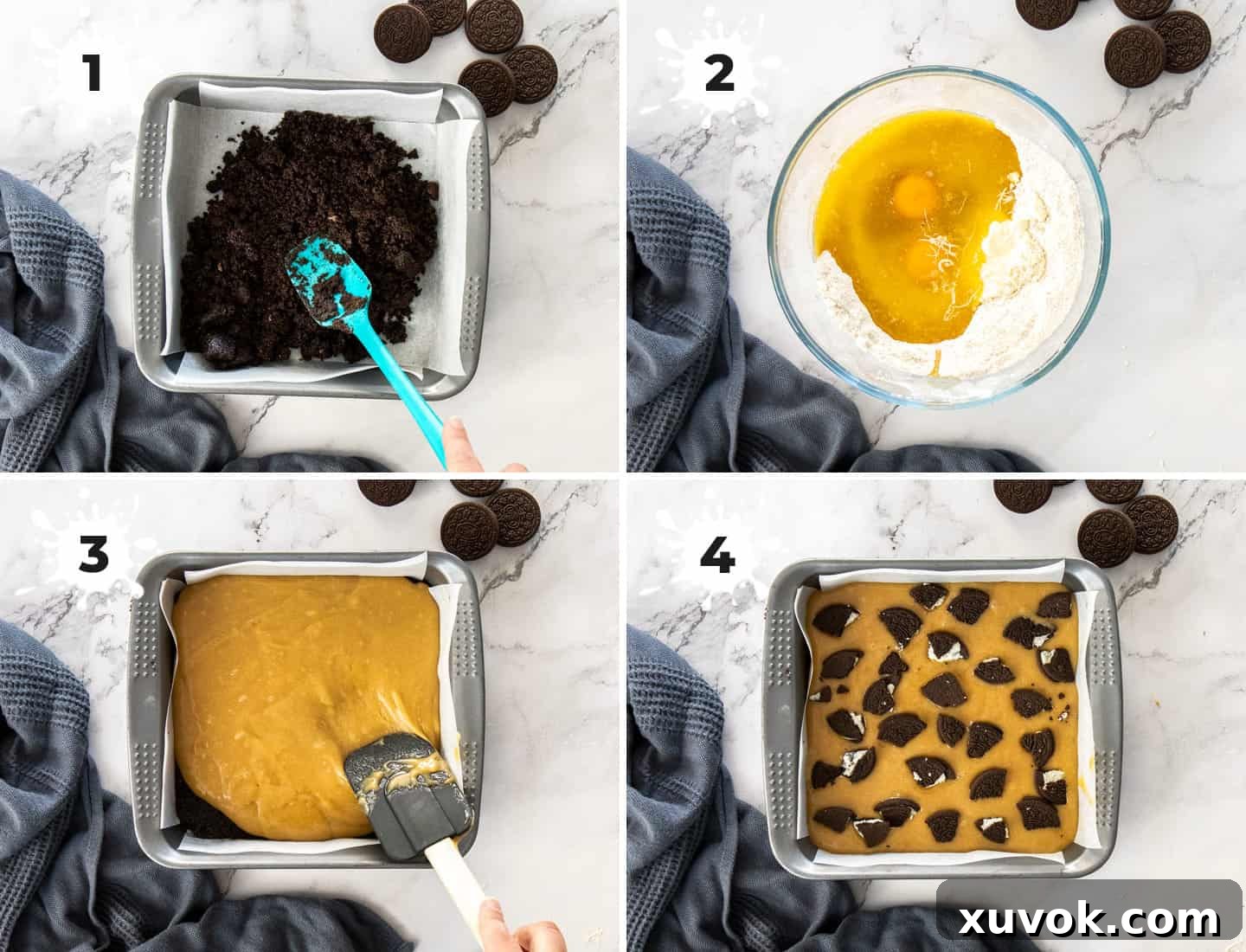 A visual step-by-step collage demonstrating the process of making Oreo blondies, from preparing the crunchy cookie base to adding the final Oreo topping before baking, making it an easy blondie recipe to follow.